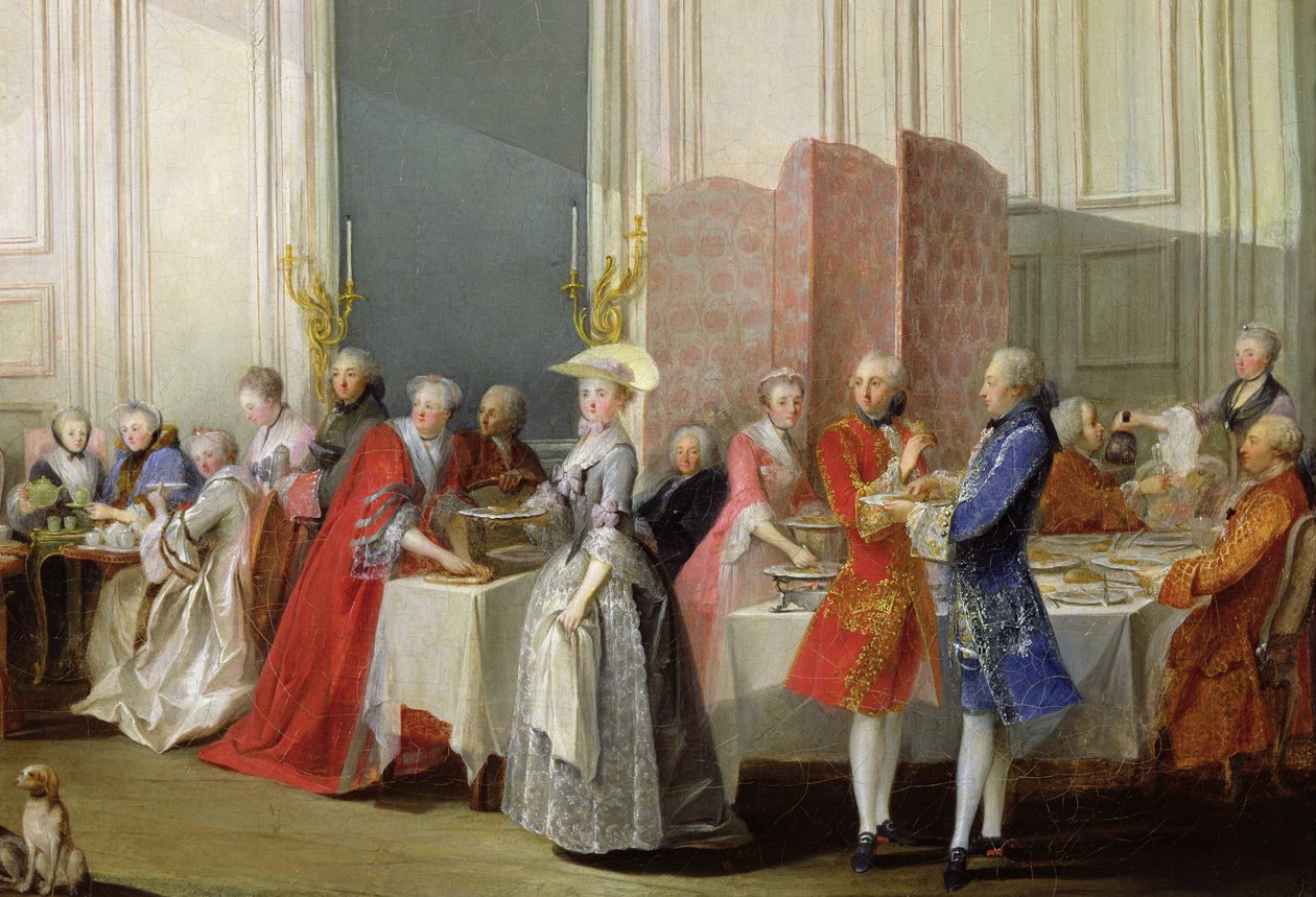 Chá inglês no Salon des Quatre Glaces na Casa do Príncipe de Conti (1717-76) Palais du Temple, detalhe dos convidados, 1766 de Michel Barthelemy Ollivier or Olivier