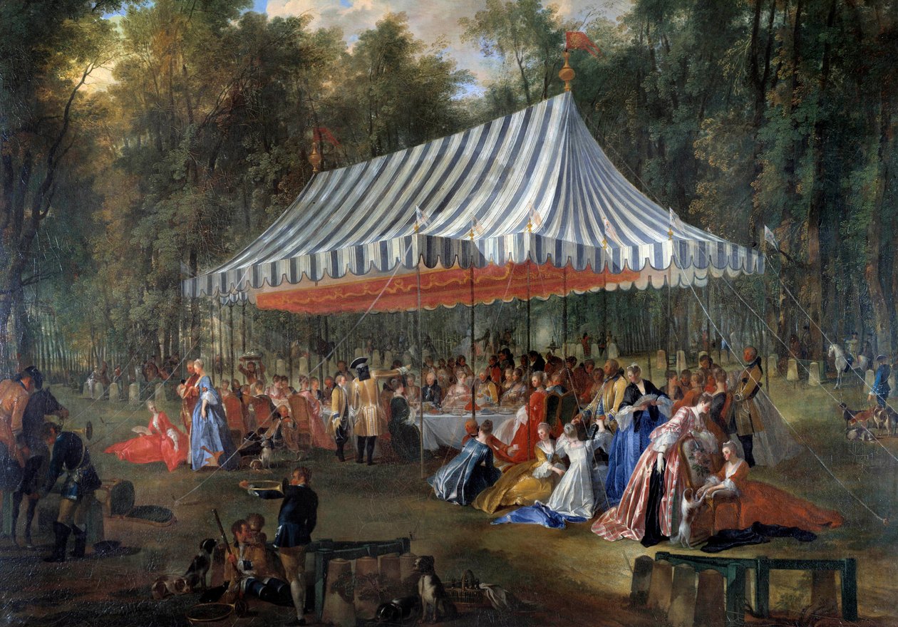 Fete dada por Louis Francois Joseph de Bourbon, Príncipe de Conti ao Príncipe Hereditário Charles Guillaume Ferdinand de Brunswick Luebourg (1735-1806), sob a tenda, na floresta de Cassan, no Banquete da Ilha de Adão em 1766 no parque. Pintura de Michel Ba de Michel Barthelemy Ollivier or Olivier