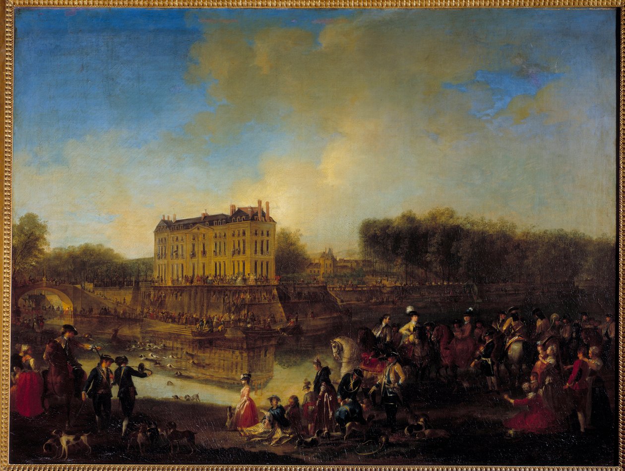 O veado apanhado na água em frente ao Chateau de l