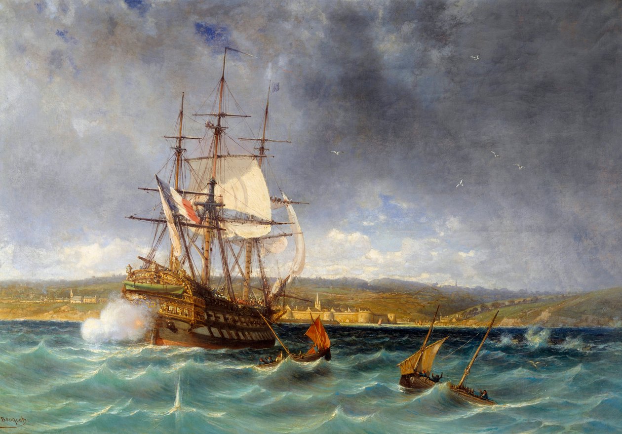 O Veterano a entrar no porto de Concarneau Detail. Pintura de Michel Bouquet (1807-1890) Brest do século XIX, Musee des Beaux Arts de Michel Bouquet