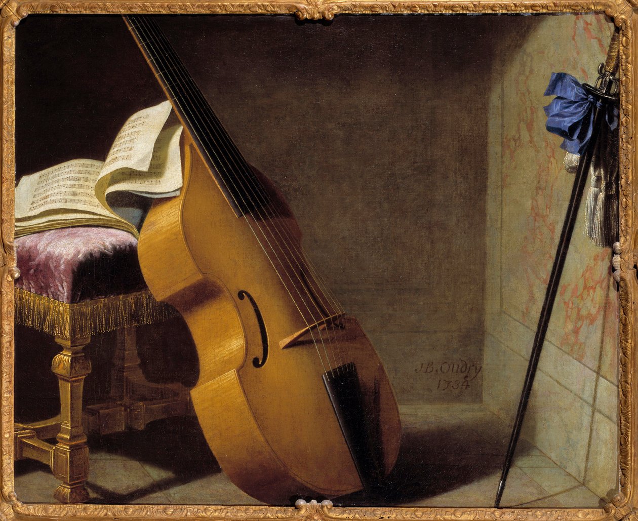 Basse, livro de música e spee. Pintura de Michel Boyer (1668-1724) de Michel Boyer