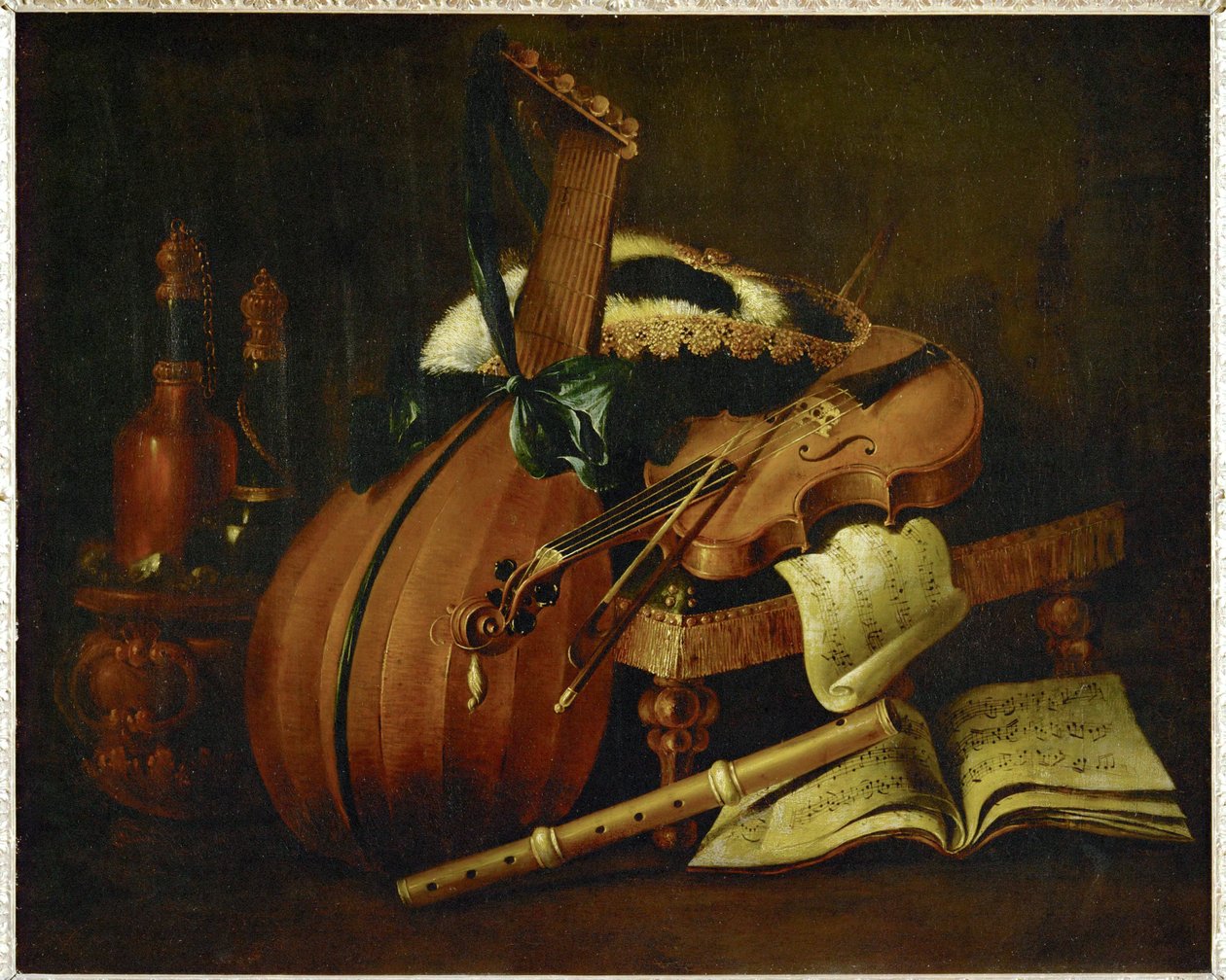 Alaúde, violino, flauta, partitura musical e chapéu de três pontas ... de Michel Boyer