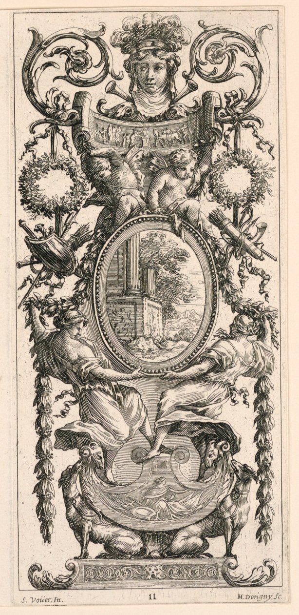 Painel Ornamental encimado com cabeça ladeada por folhagem, placa 11 do painel ornamental encimado por cabeça ladeada por folhagem, do Livre de Diverses Grotesques peintes dans le Cabinet et Bains de la Reyne Regente, au Palais Royale de Michel Dorigny