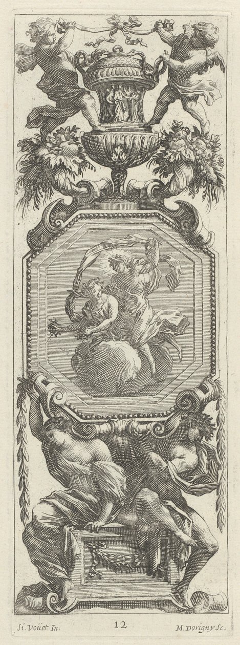 Painel Ornamental encimado por dois Putti e um vaso de Michel Dorigny, after Simon Vouet