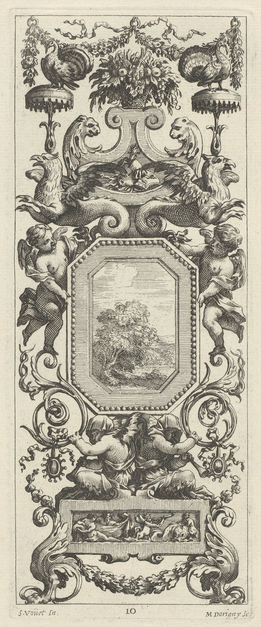 Painel ornamental encimado por uma cesta de flores e uma guirlanda de Michel Dorigny, after Simon Vouet