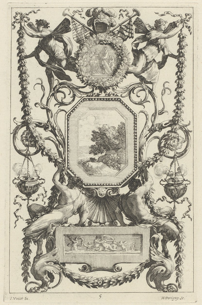Painel Ornamental encimado por um medalhão com um sacrifício de Michel Dorigny, after Simon Vouet