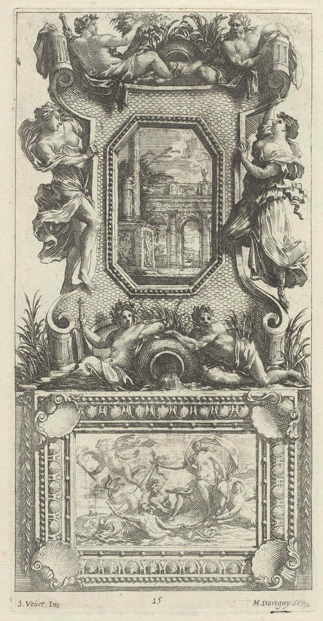 Painel ornamental encimado por uma náiade e um deus do rio de Michel Dorigny, after Simon Vouet