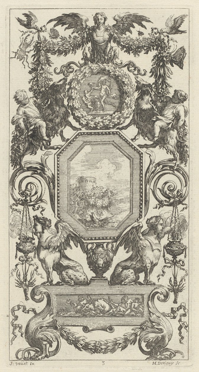Painel Ornamental encimado por uma Harpia Alada de Michel Dorigny, after Simon Vouet