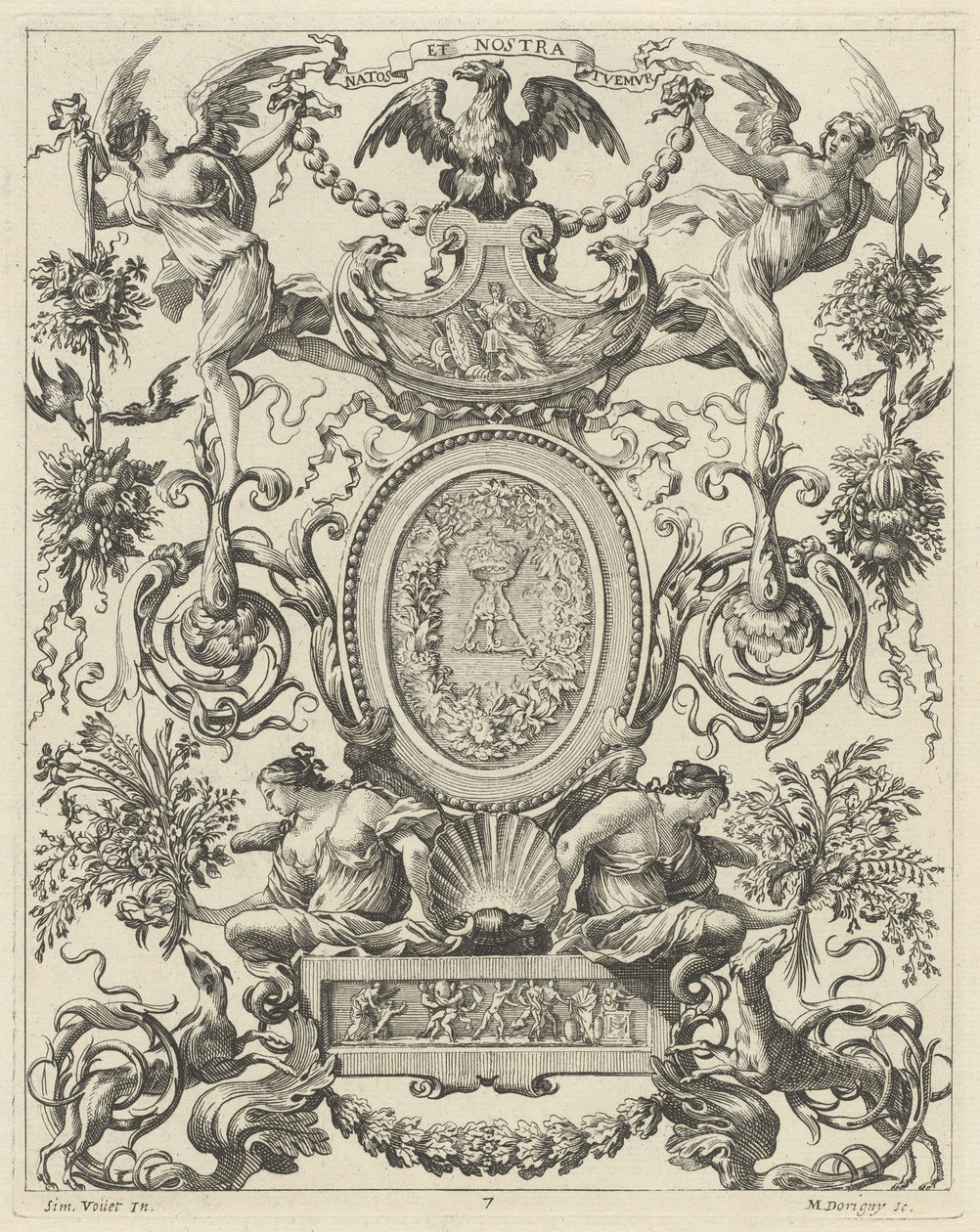Painel Ornamental encimado por uma águia e o lema NATOS ET NOSTRA TUEMUR de Michel Dorigny, after Simon Vouet