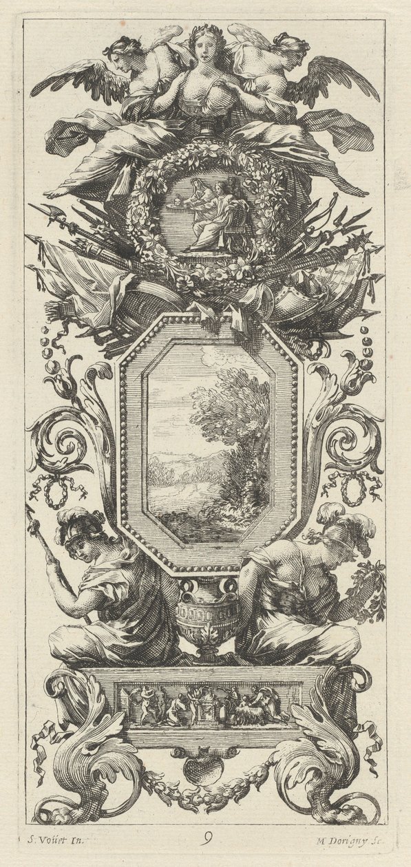 Painel ornamental encimado com duas figuras apoiadas no busto de uma mulher de Michel Dorigny, after Simon Vouet