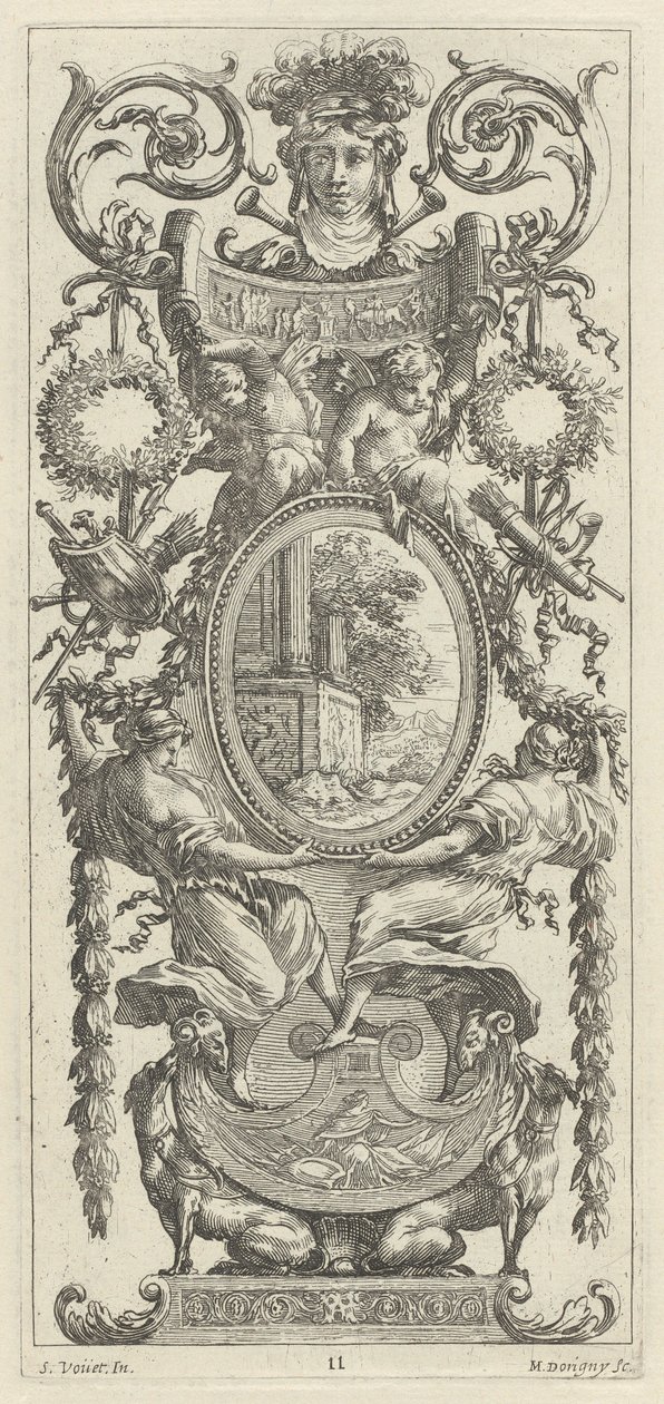 Painel Ornamental encimado por uma cabeça ladeada por folhagem de Michel Dorigny, after Simon Vouet