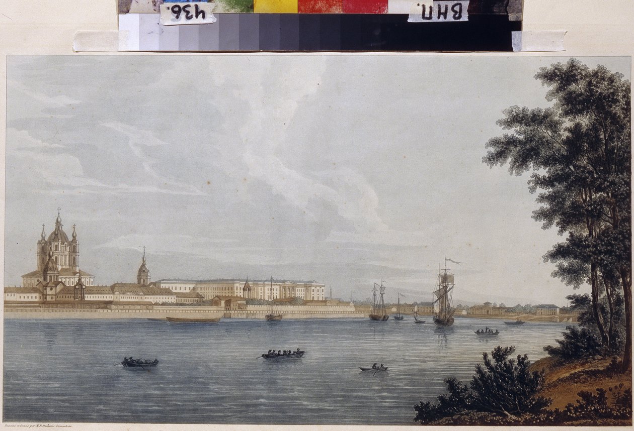 O Convento Smolny em São Petersburgo. Obra de Michel François Damam-Demartrait (Damam Demartrait) (1763-1827), gravura e aquarela de Michel Francois Damam Demartrait
