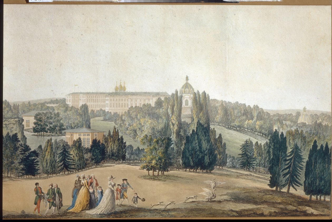 Vista de Tsarkoye Selo (São Petersburgo). Vista de Tsarkoye Selo. A Imperatriz Catherine II Caminhando. Obra de Michel Francois Damam Demartrait (1763-1827), gravura e aguarela. Arte francesa de Michel Francois Damam Demartrait