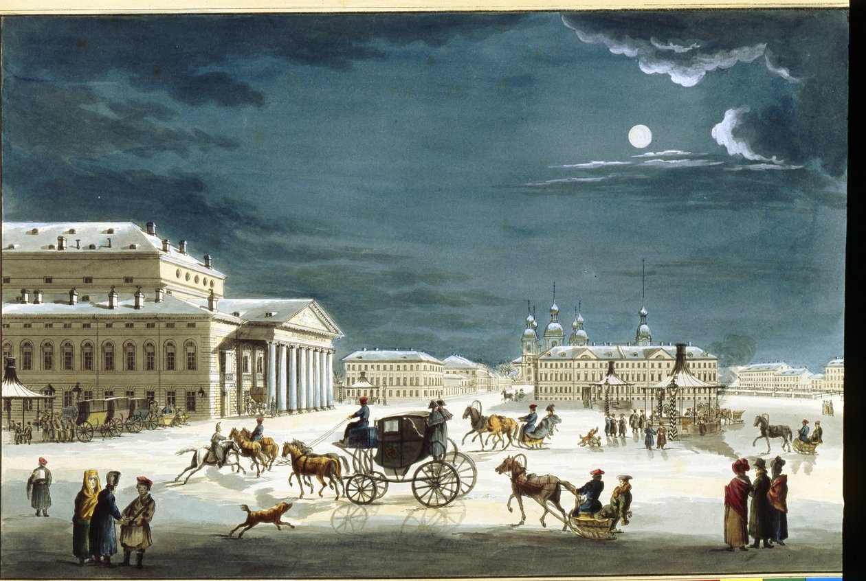 Le theatre imperial Bolshoi Kamenny a São Petersburgo (Teatro Imperial Bolshoi Kamenny de São Petersburgo). Obra de Michel François Damam Demartrait (1763-1827), gravura mise en couleur a l