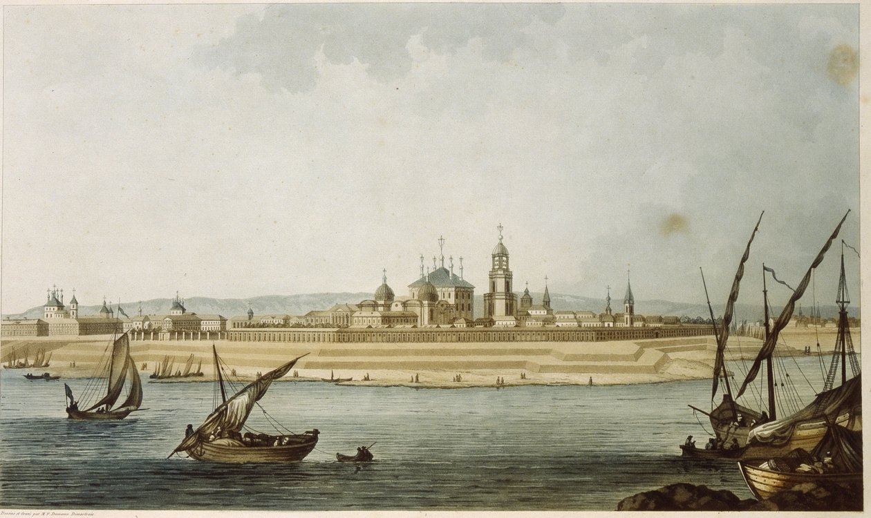 Tver (Rússia). (De 1931 a 1991, a cidade foi chamada Kalinin). Descrição da cidade neo-clássica, uma vez que foi reconstruída após a sua destruição pelo fogo em 1763, bem como as actividades no Volga, que faz fronteira com a cidade. Trabalho de Michel Fr de Michel Francois Damam Demartrait