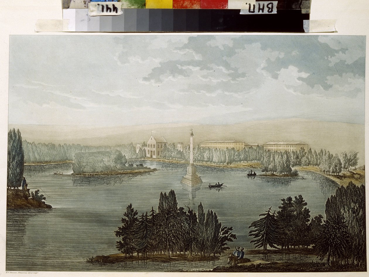 Vista de Tsarkoye Selo. Vista de Tsarkoye Selo. A Coluna Chesme. Obra de Michel Francois Damam Damartrait (1763-1827), gravura colorida com aguarela de Michel Francois Damam-Demartrait