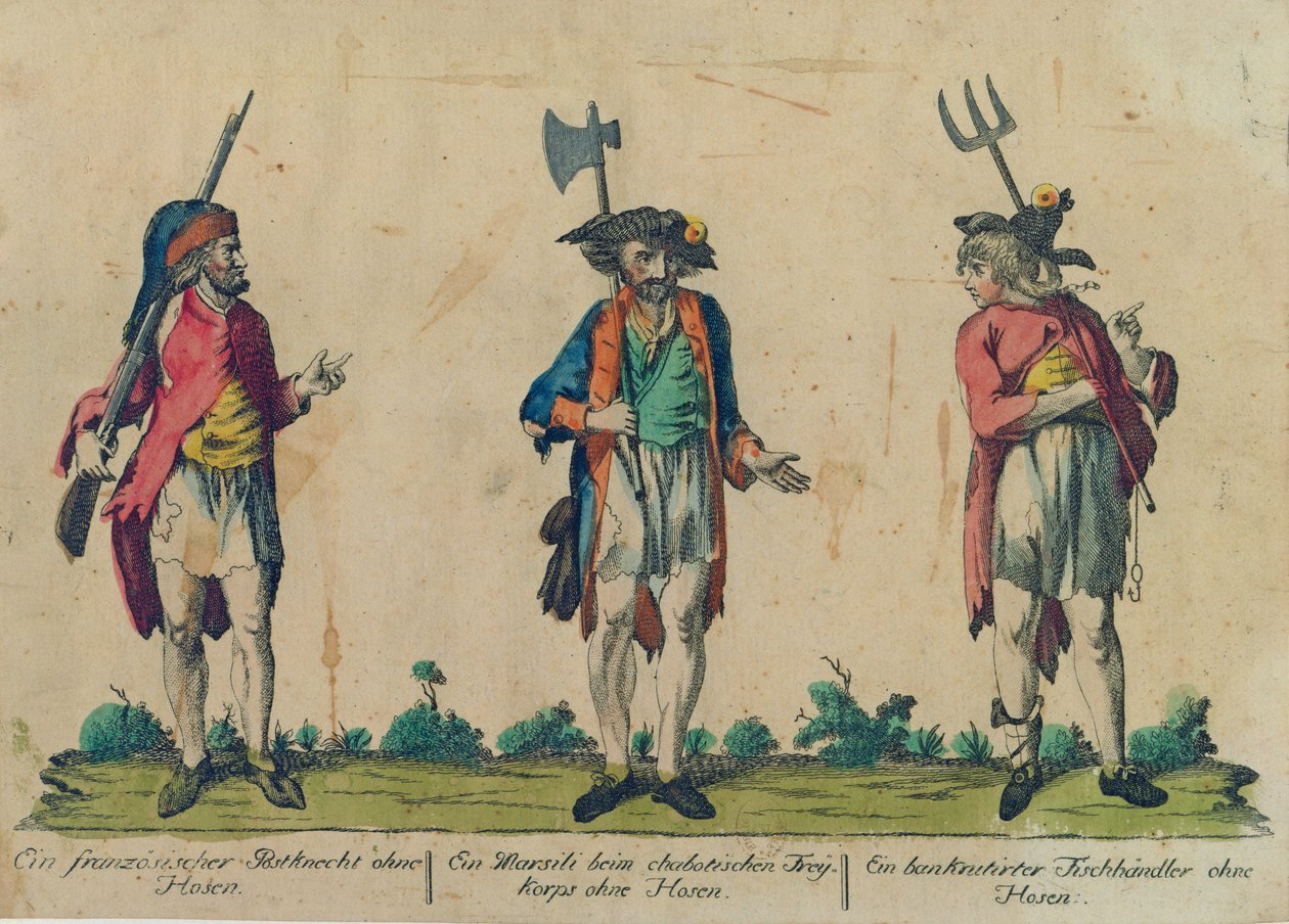Um empregado postal francês sem calças, um Marsili nos Freikorps sem calças e um peixeiro Bankrutirter sem calças, 1793 (gravura colorida) de Michel Hennin