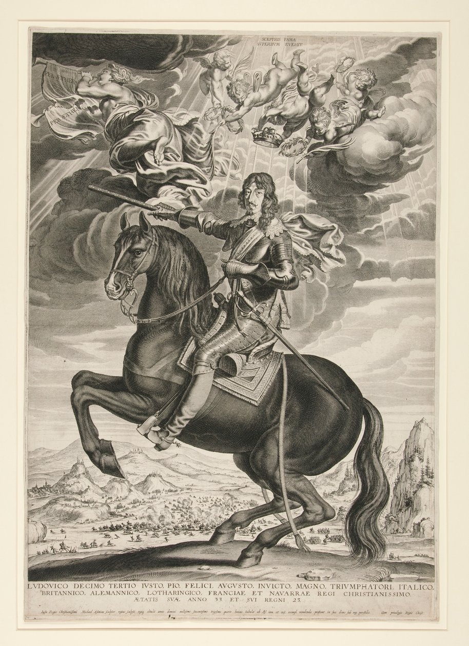 Retrato equestre de Luís XIII (Bourbon) (1601-1603) com a idade de 33 anos. Paisagem é depois de Callot de Michel Lasne