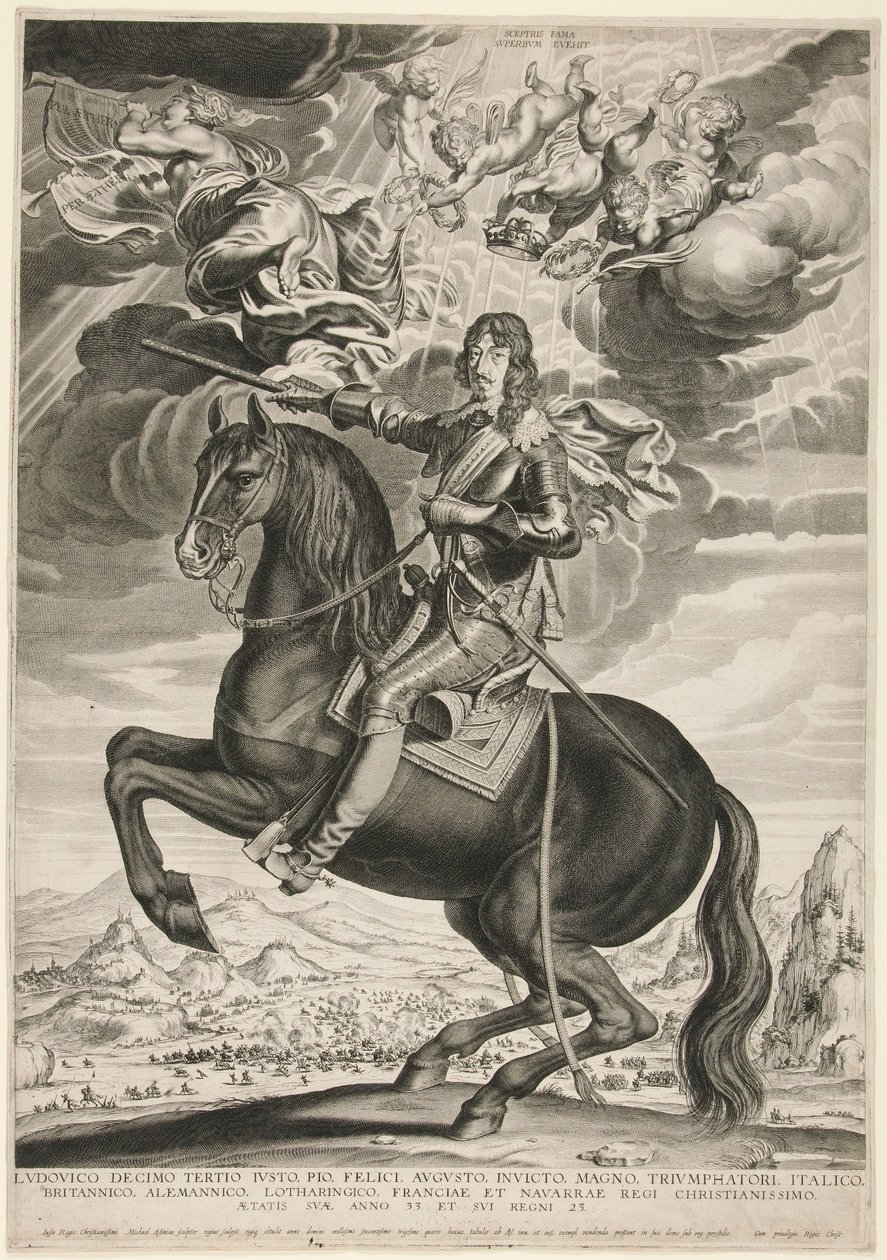 Retrato equestre de Luís XIII (Bourbon) (1601-1603) aos 33 anos de idade. A paisagem é segundo Callot de Michel Lasne
