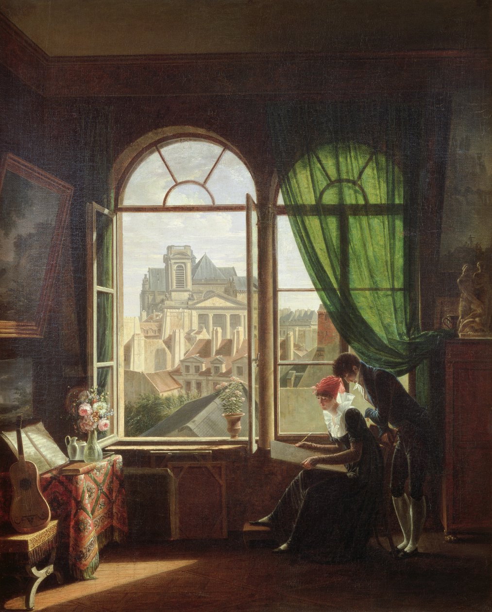 Vista da Igreja Saint-Eustache de uma casa na Rue Platriere ou, o interior do artista, c.1810 de Michel Martin Drolling