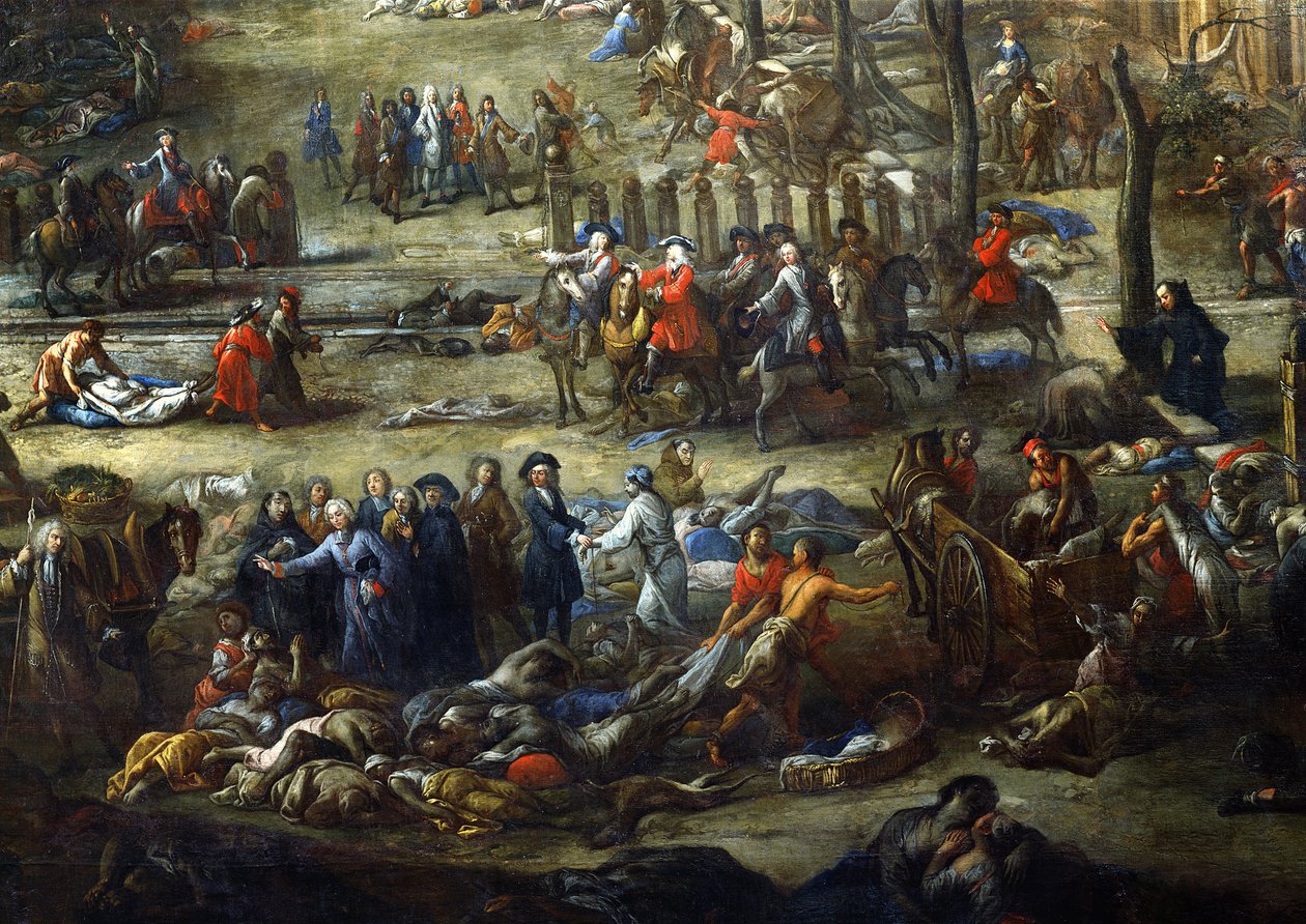 Vista do Cours Belsunce, Marselha, Durante a Peste de 1720, detalhe representando o Cardeal de Belsunce com um grupo de cadáveres de vítimas da peste de Michel Serre