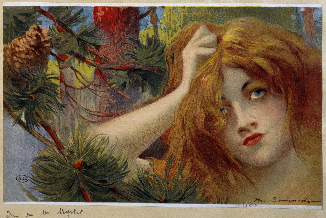 Mulher ruiva olhando inqiuiete, levanta a cabeça - cromo. por Simondy de Michel Simonidy