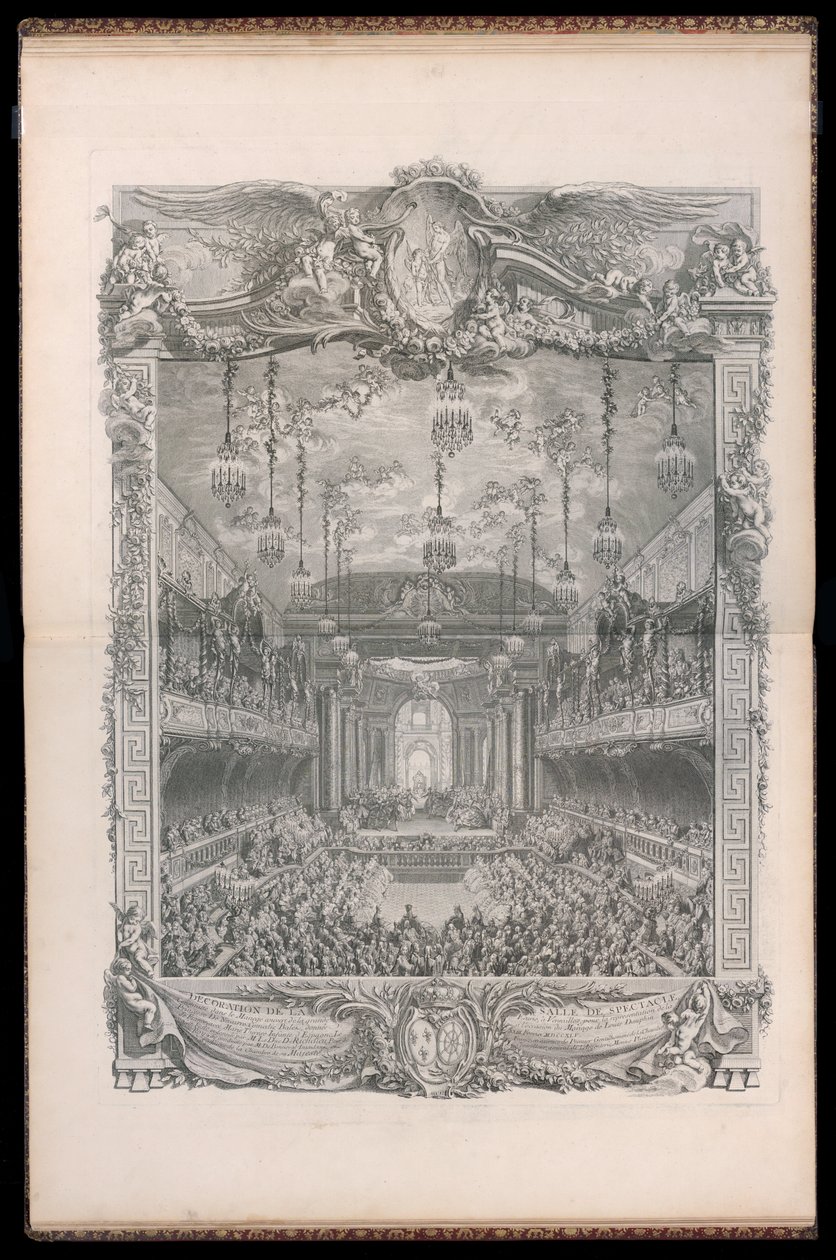 Decoração do auditório, construído no picadeiro coberto do grande estábulo de Versalhes, para a apresentação do Ballet de Comédia Princesa de Navarra, dada por ocasião do casamento de Luís Delfim de França com Maria Teresa Infante d de Michel de Bonneval