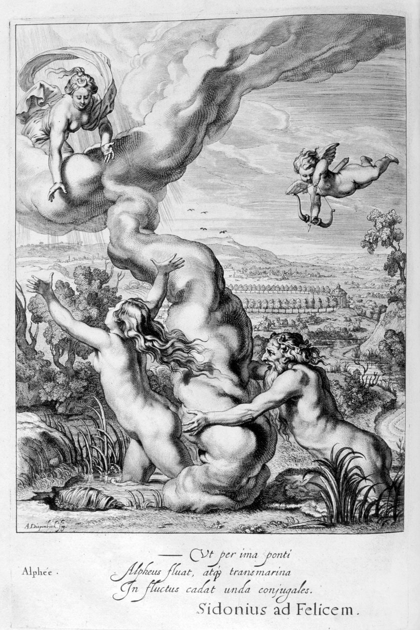 Arethusa Perseguida por Alpheus e transformada em uma fonte, 1655 de Michel de Marolles