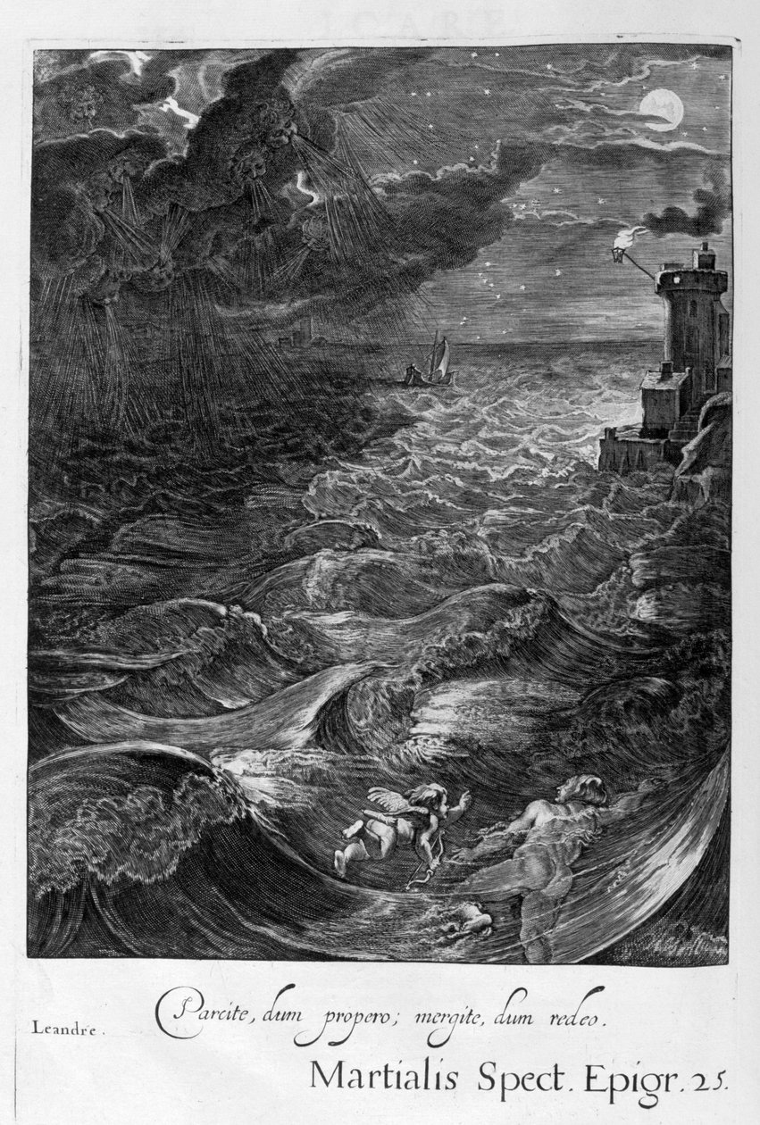 Leander nada sobre o Hellespont para encontrar seu herói amante, 1655 de Michel de Marolles