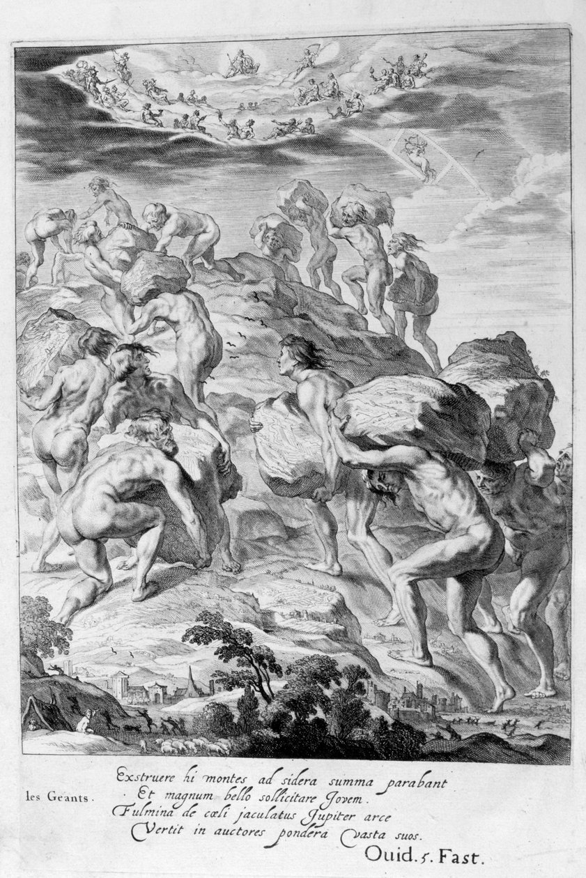 Os gigantes tentam escalar o céu empilhando montanhas umas sobre as outras, 1655 de Michel de Marolles