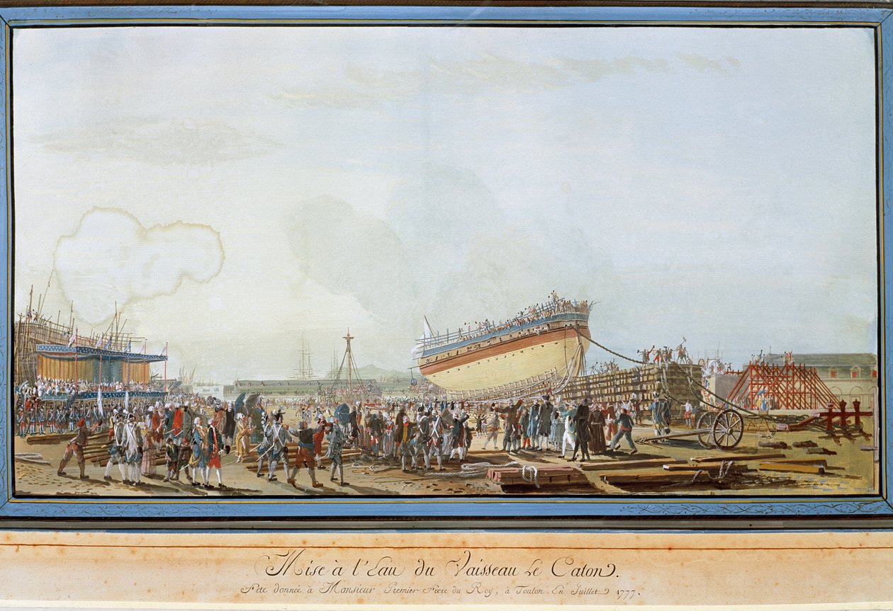 O lançamento do navio Le Caton no porto de Toulon, na presença do Conde de Provença, em Julho de 1777 (Gouache de Michel de Toulon