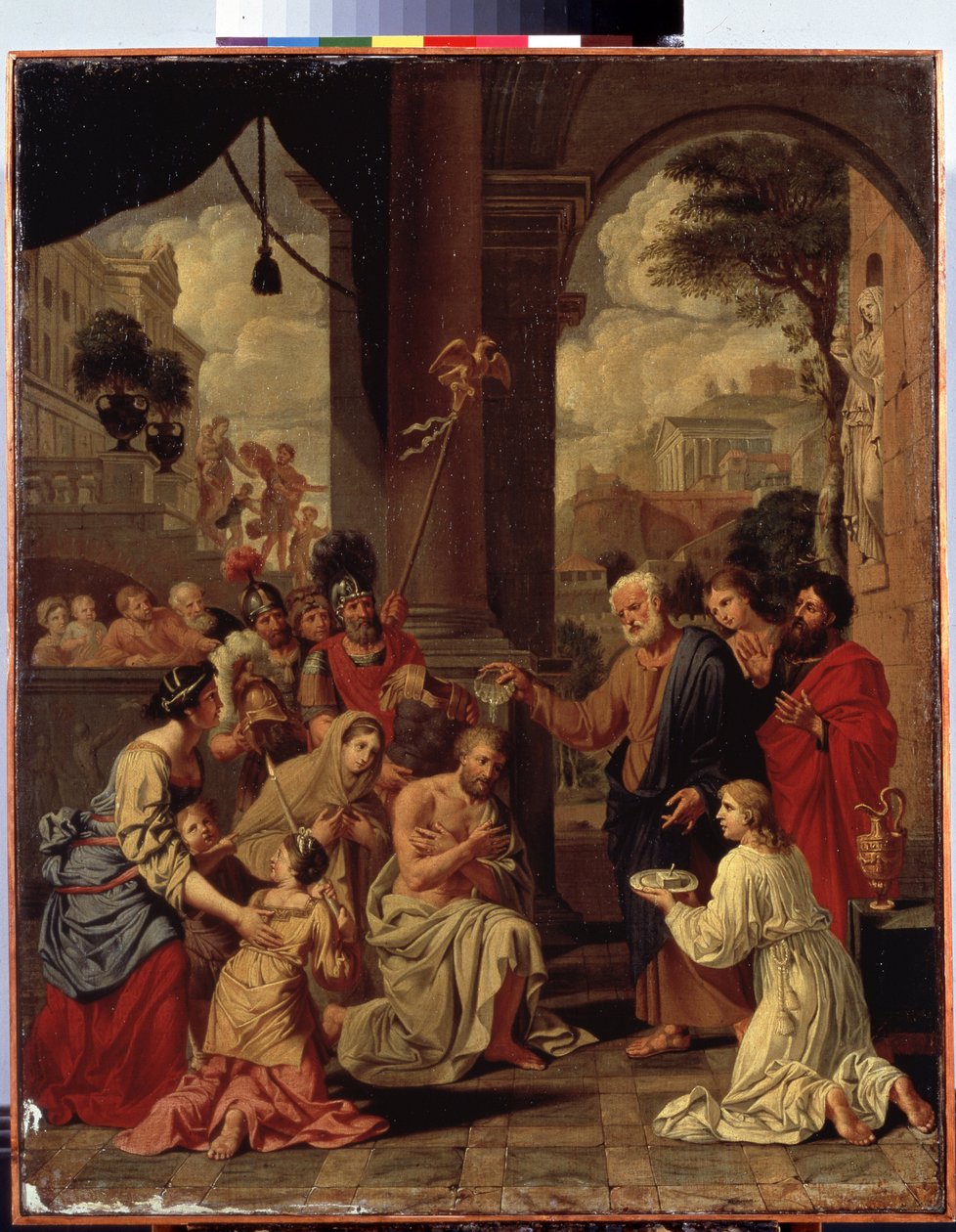 "Baptismo de Cornélio, o Centurião" Cornélio, um centurião romano, é baptizado por Pedro. Pintura de Michel Corneille (1642-1708). Século 17 Dim. 88x70 cm Museu Hermitage, São Petersburgo de Michel des Gobelins Corneille