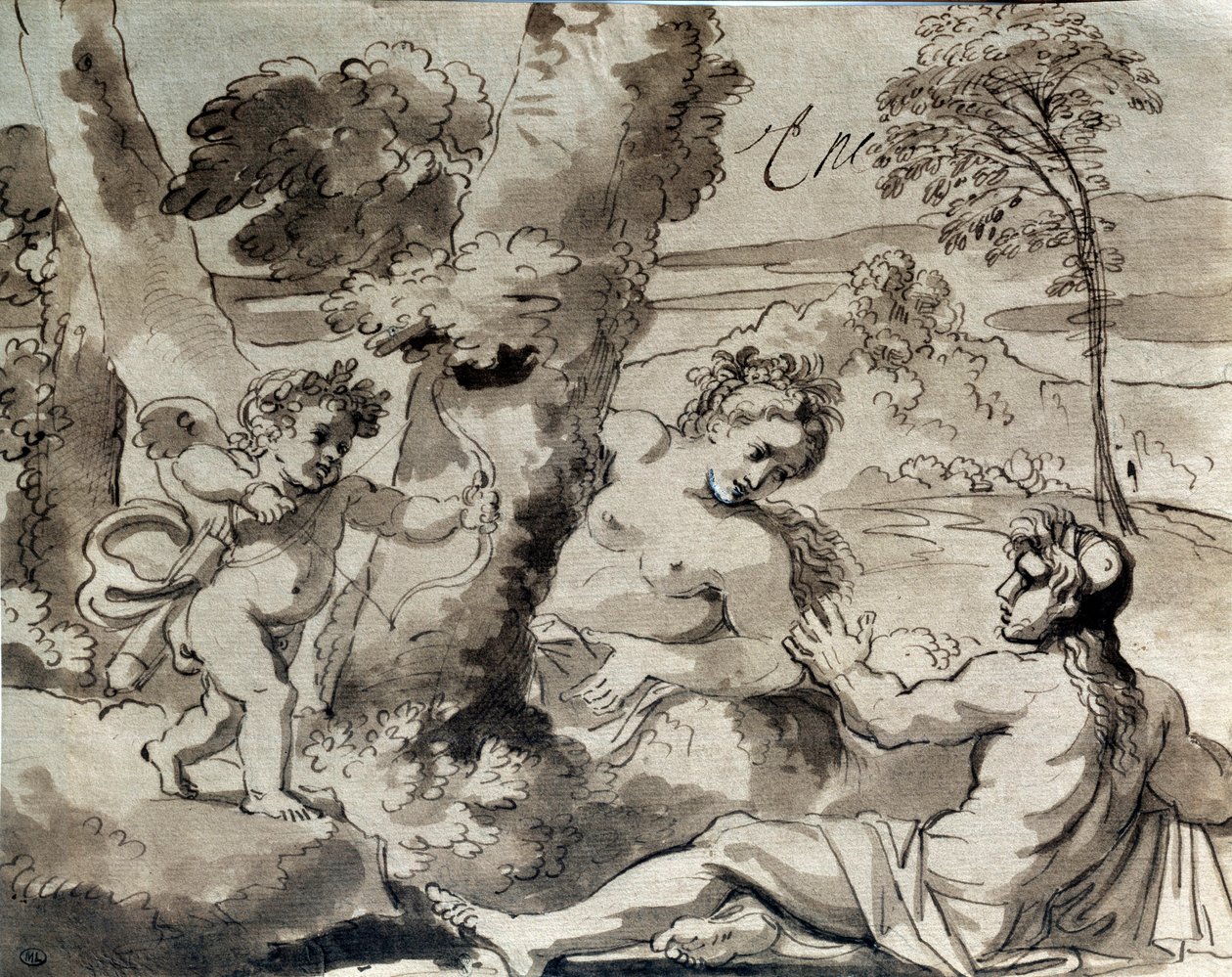 Amor, um pastor e uma ninfa. Desenho de Michel Corneille (1642-1708) de Michel des Gobelins Corneille