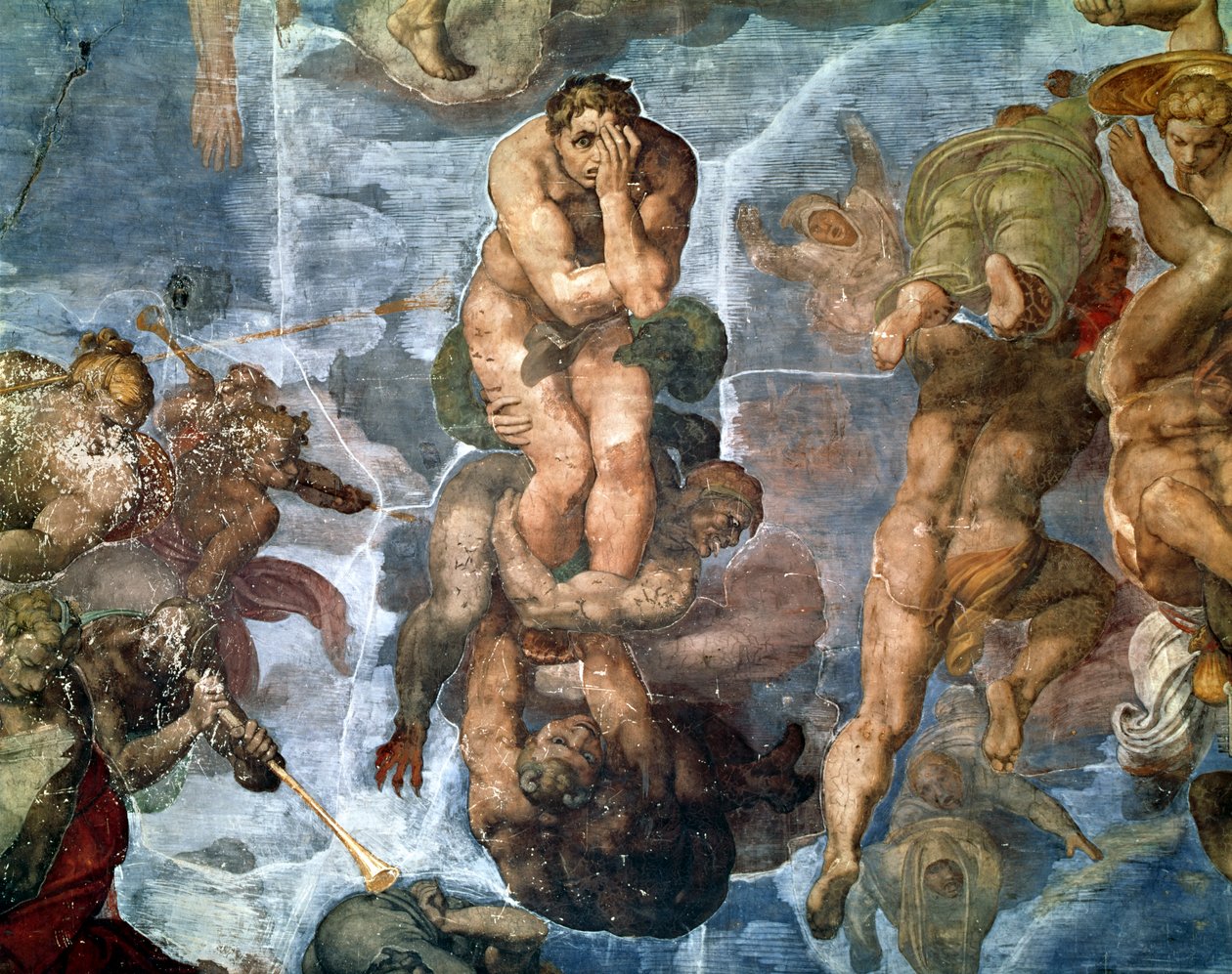 A Capela Sistina: O Juízo Final, detalhe de um dos condenados, 1538-41 de Michelangelo Buonarroti