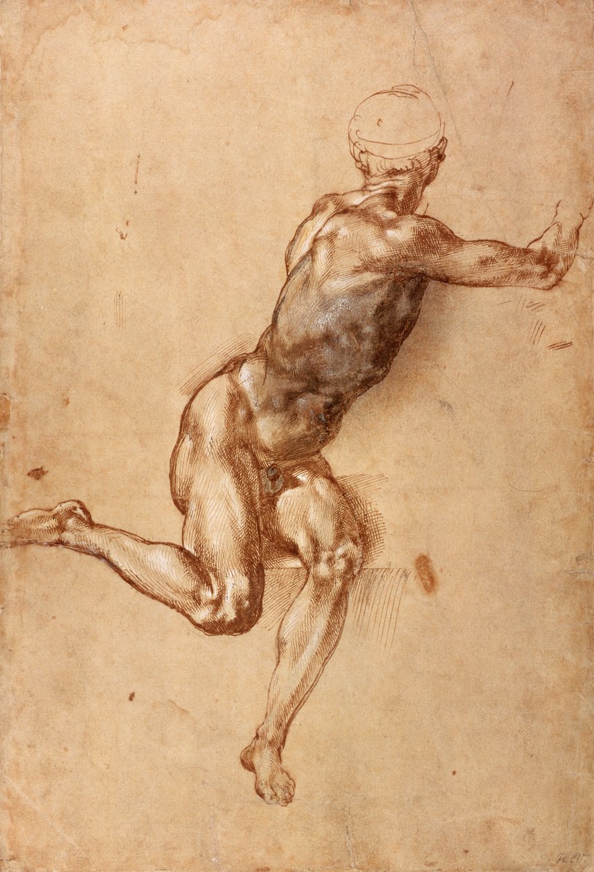 Um macho sentado nu torcido ao redor, c.1505 (caneta e tinta com a lavagem no papel) de Michelangelo Buonarroti