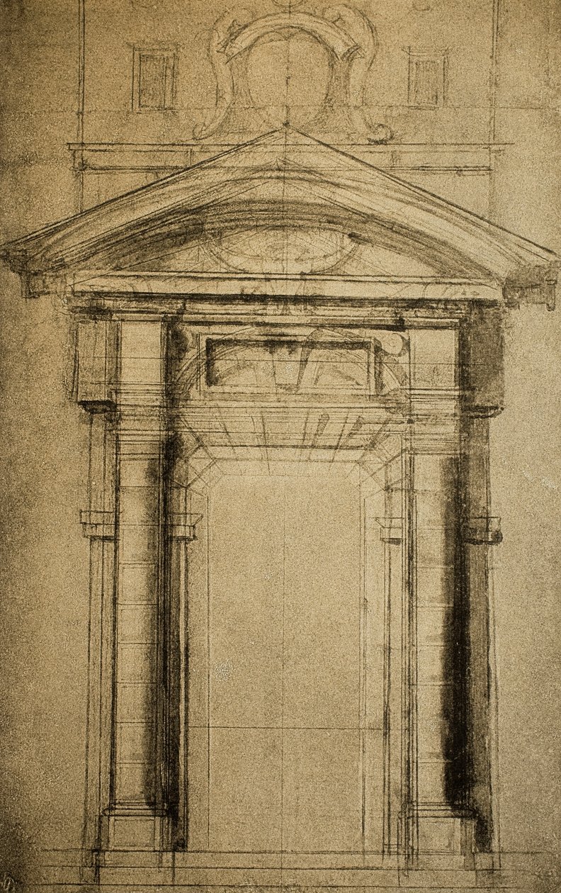 Esboço arquitetônico de uma porta encimada por um brasão; desenho de Michelangelo. Casa Buonarroti, Florença de Michelangelo Buonarroti