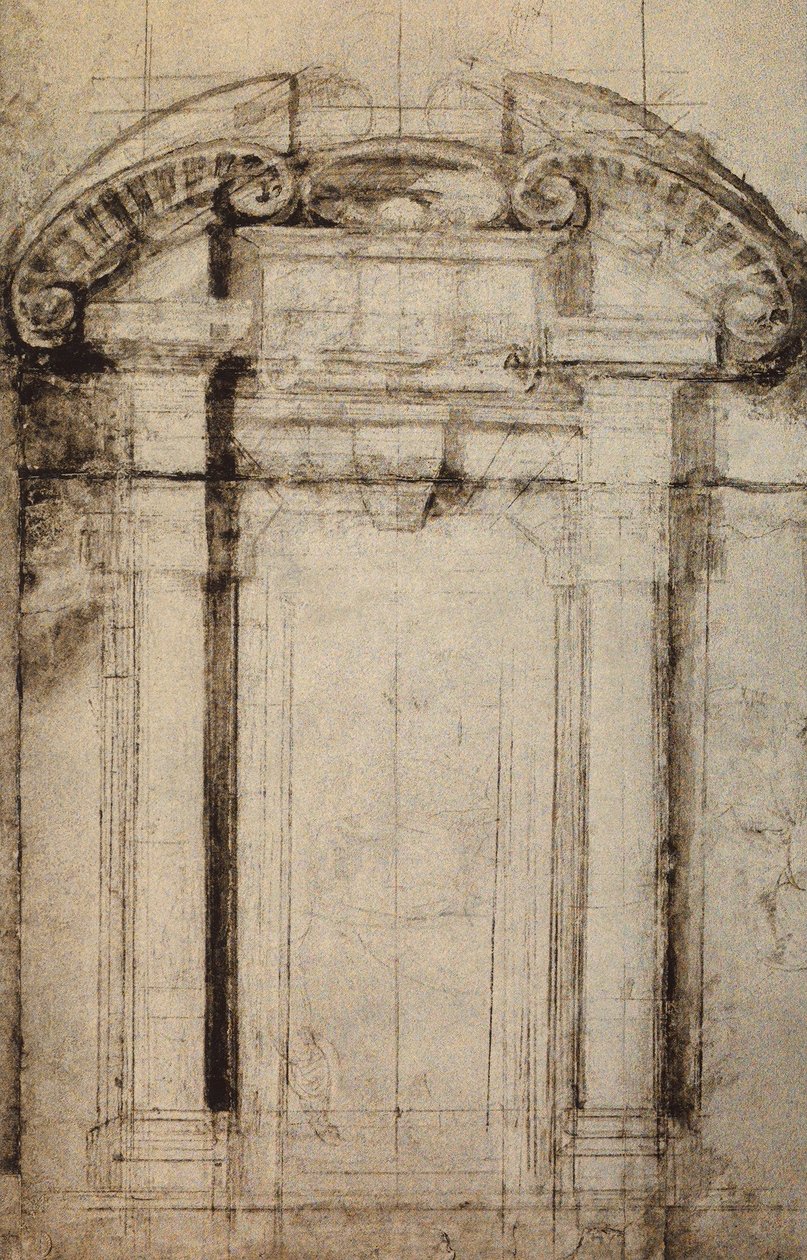 Estudo arquitectónico para um portal; desenho de Michelangelo. Casa Buonarroti, Florença de Michelangelo Buonarroti