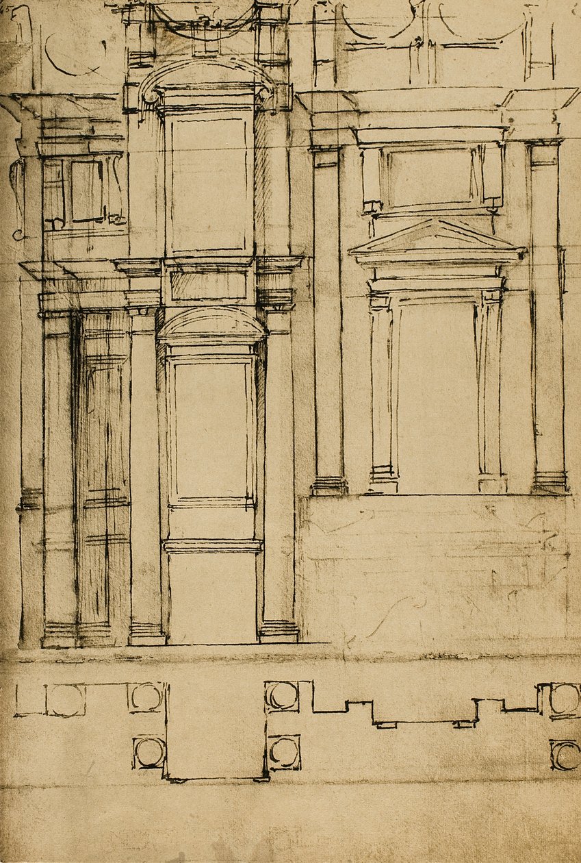 Estudo arquitectónico para as capelas de Medici na basílica de San Lorenzo; desenho de Michelangelo. Casa Buonarroti, Florença de Michelangelo Buonarroti