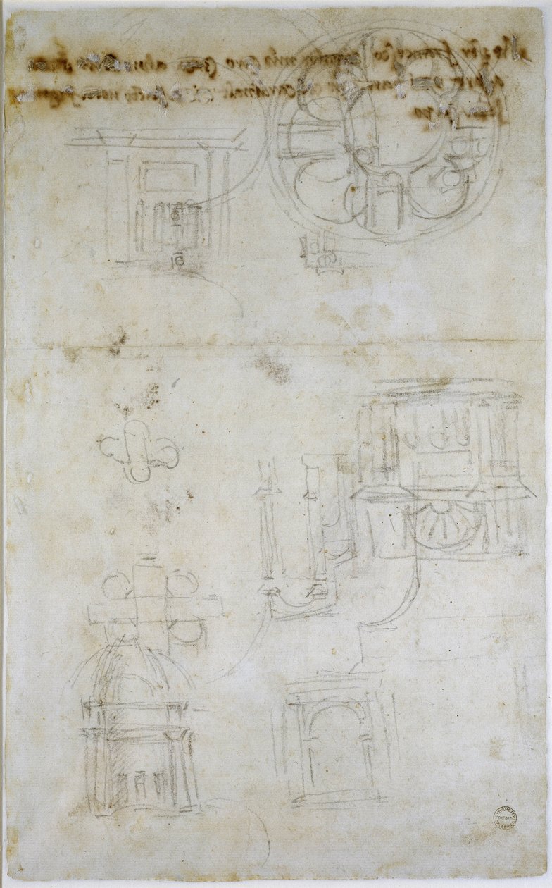 Estudos Arquitetônicos, c.1560 (giz preto sobre papel) de Michelangelo Buonarroti