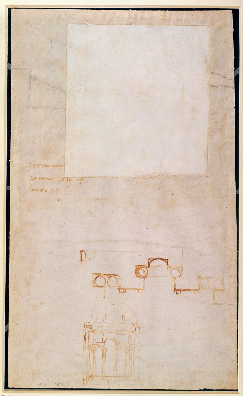 Estudo arquitetônico com notas (caneta marrom no papel) (reto) de Michelangelo Buonarroti