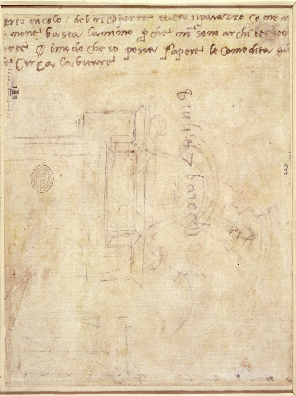 Estudo Arquitetônico com Notas (caneta e lápis sobre papel) (verso) (para reto ver 191771) de Michelangelo Buonarroti