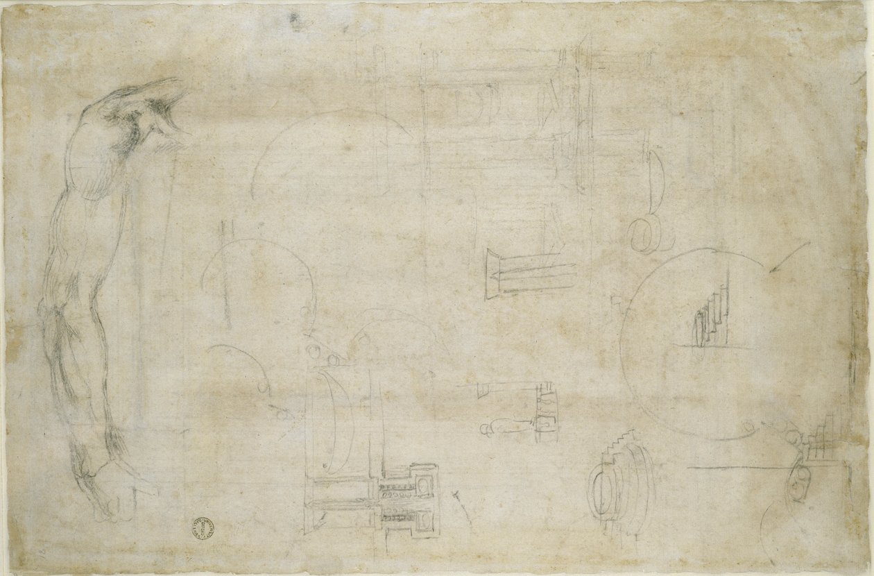 Estudos de arquitetura e A Man&39;s Arm, c.1538-50 (giz preto sobre papel) de Michelangelo Buonarroti