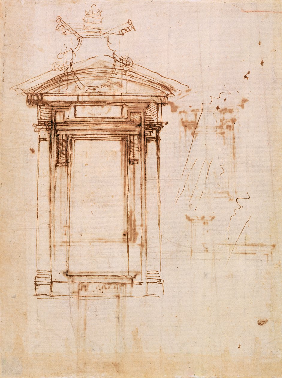 Estudo arquitectónico (tinta castanha sobre papel com uma lavagem castanha) (recto) de Michelangelo Buonarroti