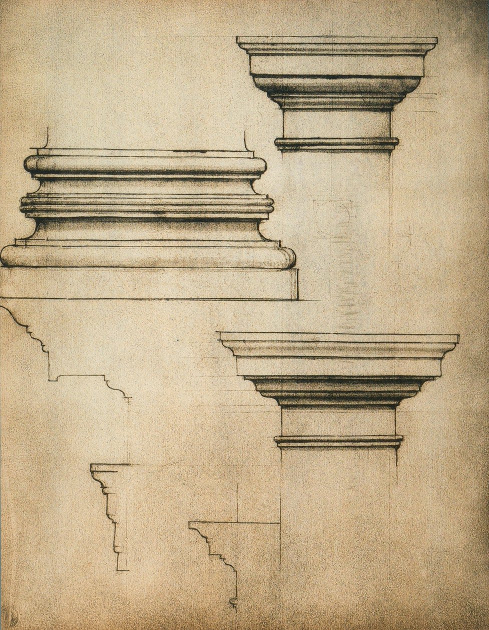 Base e capitais de um pilar; desenho de Michelangelo. Casa Buonarroti, Florença de Michelangelo Buonarroti