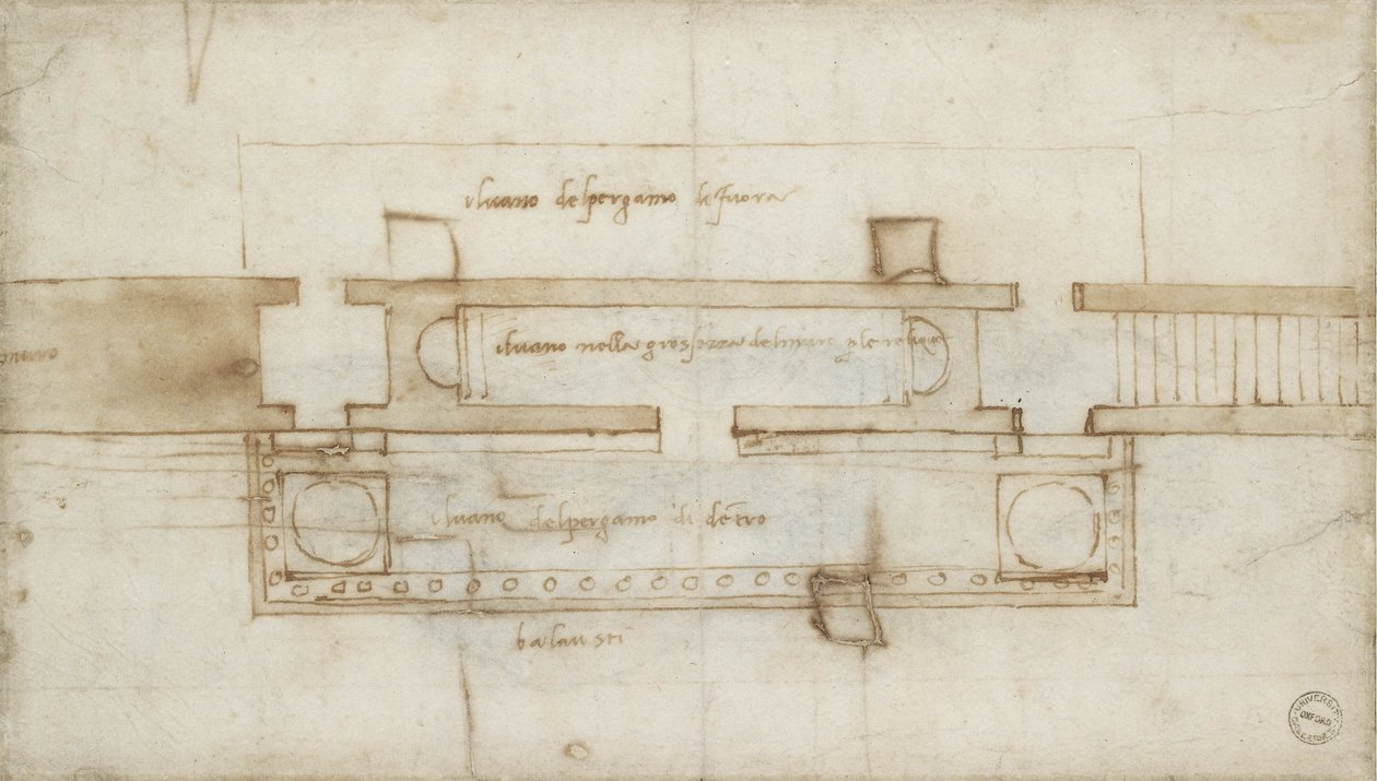 Design para uma câmara relíquia do século XVI (giz vermelho sobre papel) de Michelangelo Buonarroti