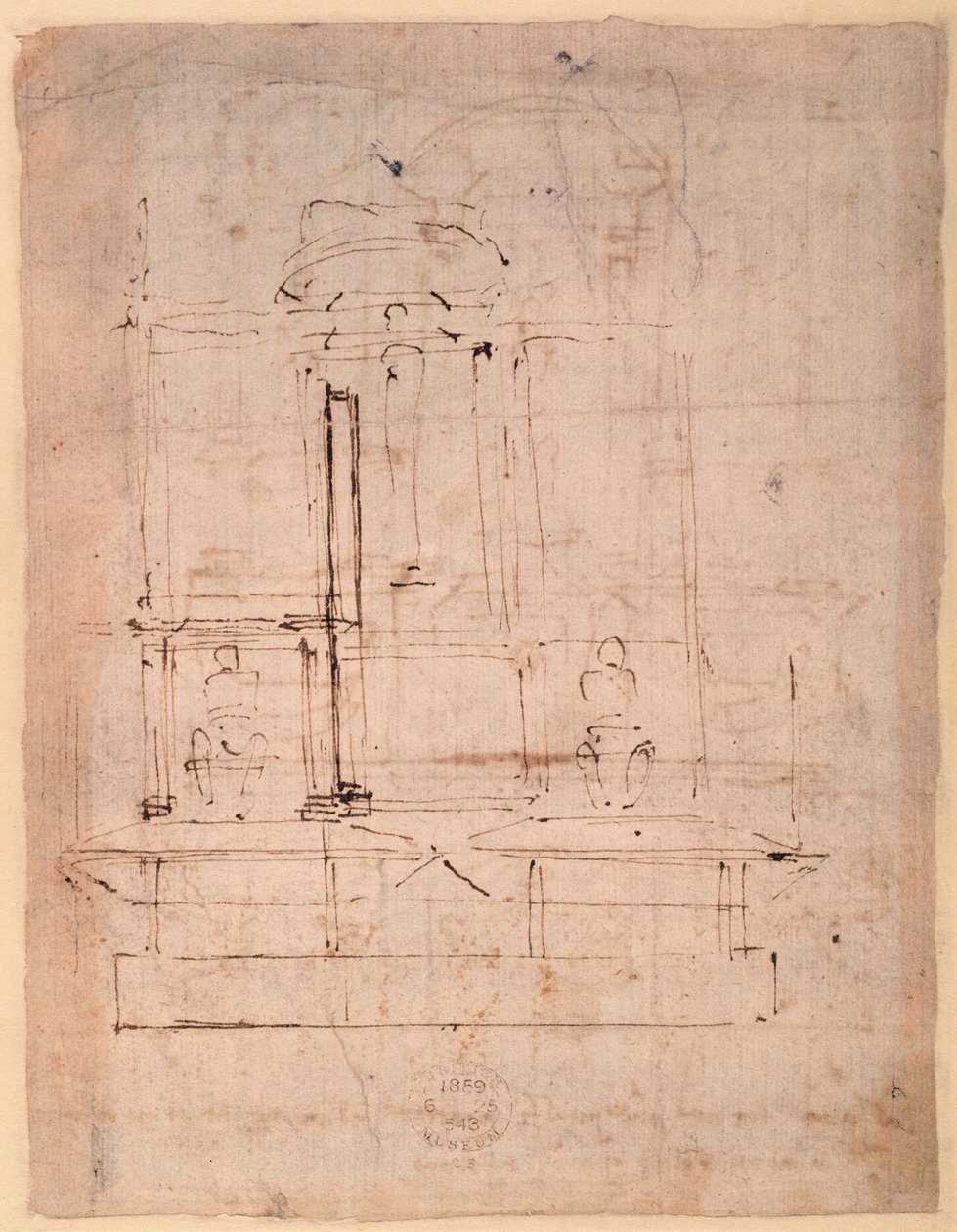 Projeto para o túmulo do Papa Júlio II (1453-1513) (tinta marrom sobre papel) (verso) de Michelangelo Buonarroti