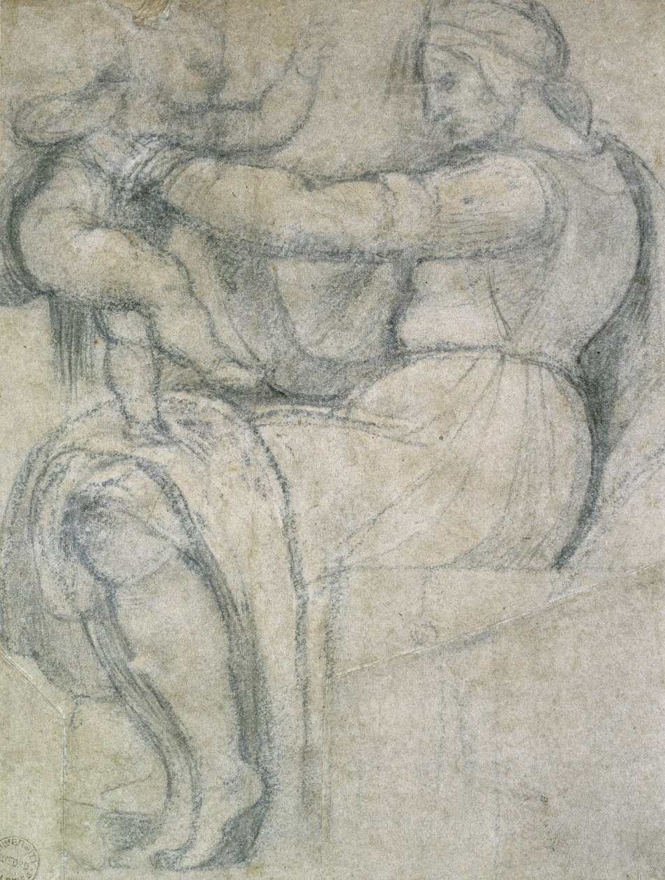 Detalhe do teto da Sistina (giz preto com toques de giz branco sobre papel pálido amarelo) de Michelangelo Buonarroti