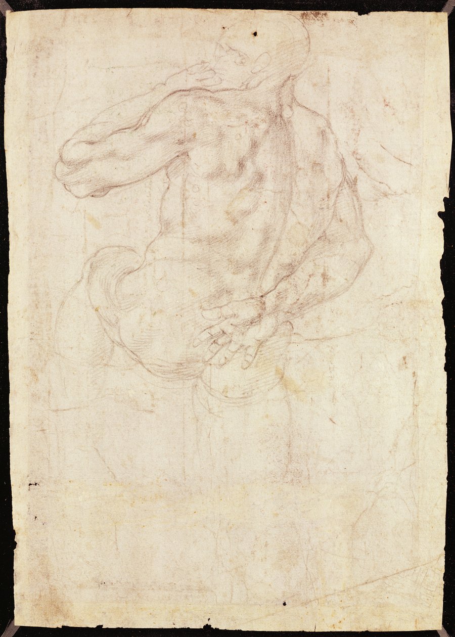 Desenho de uma figura masculina em pé (giz no papel) de Michelangelo Buonarroti