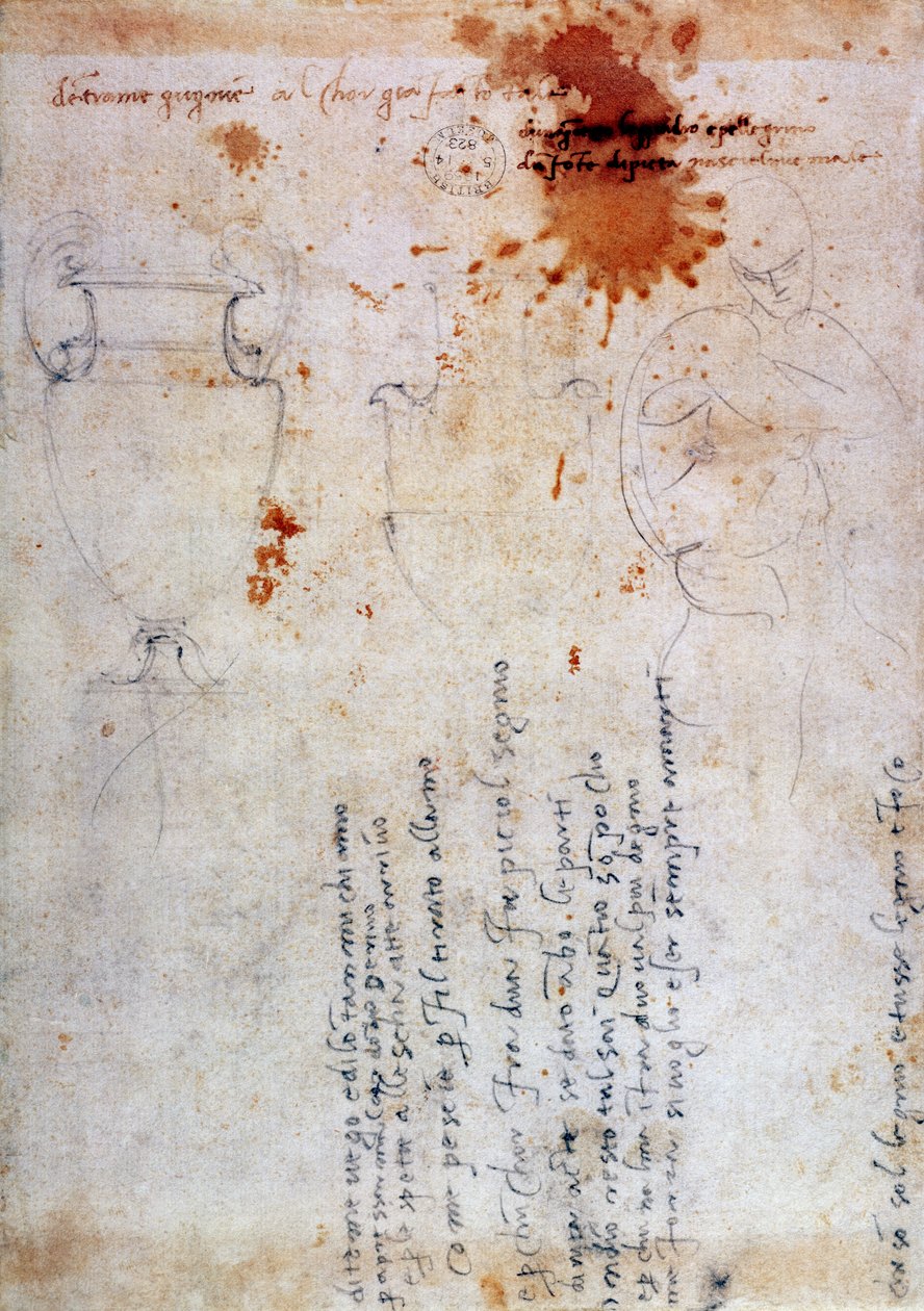 Desenho de uma Urna e Figura com Notas (tinta marrom e lápis sobre papel) (verso) de Michelangelo Buonarroti