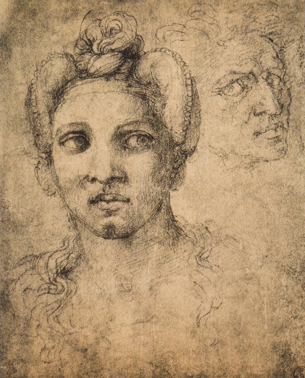 Cabeça feminina, desenho de Michelangelo. Gabinete de Desenhos e Gravuras, Uffizi, Florença de Michelangelo Buonarroti